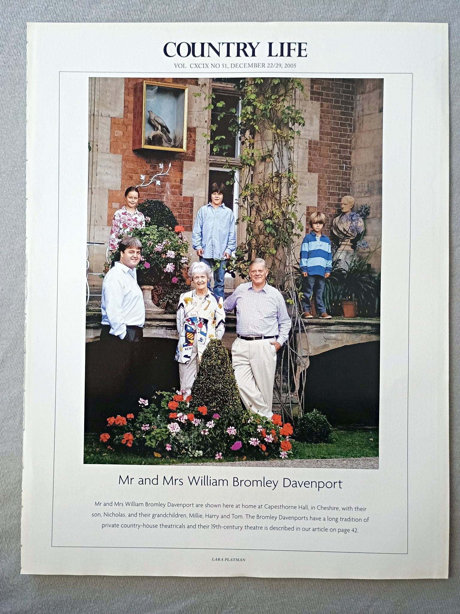 Mr and Mrs William Bromley Davenport are shown here at home at Capesthorne Hall, in Cheshire, with their son, Nicholas, and their grandchildren, Millie, Harry and Tom. The Bromley Davenports have a long tradition of private country-house theatricals and their 19th-century theatre is described in our article on page 42.