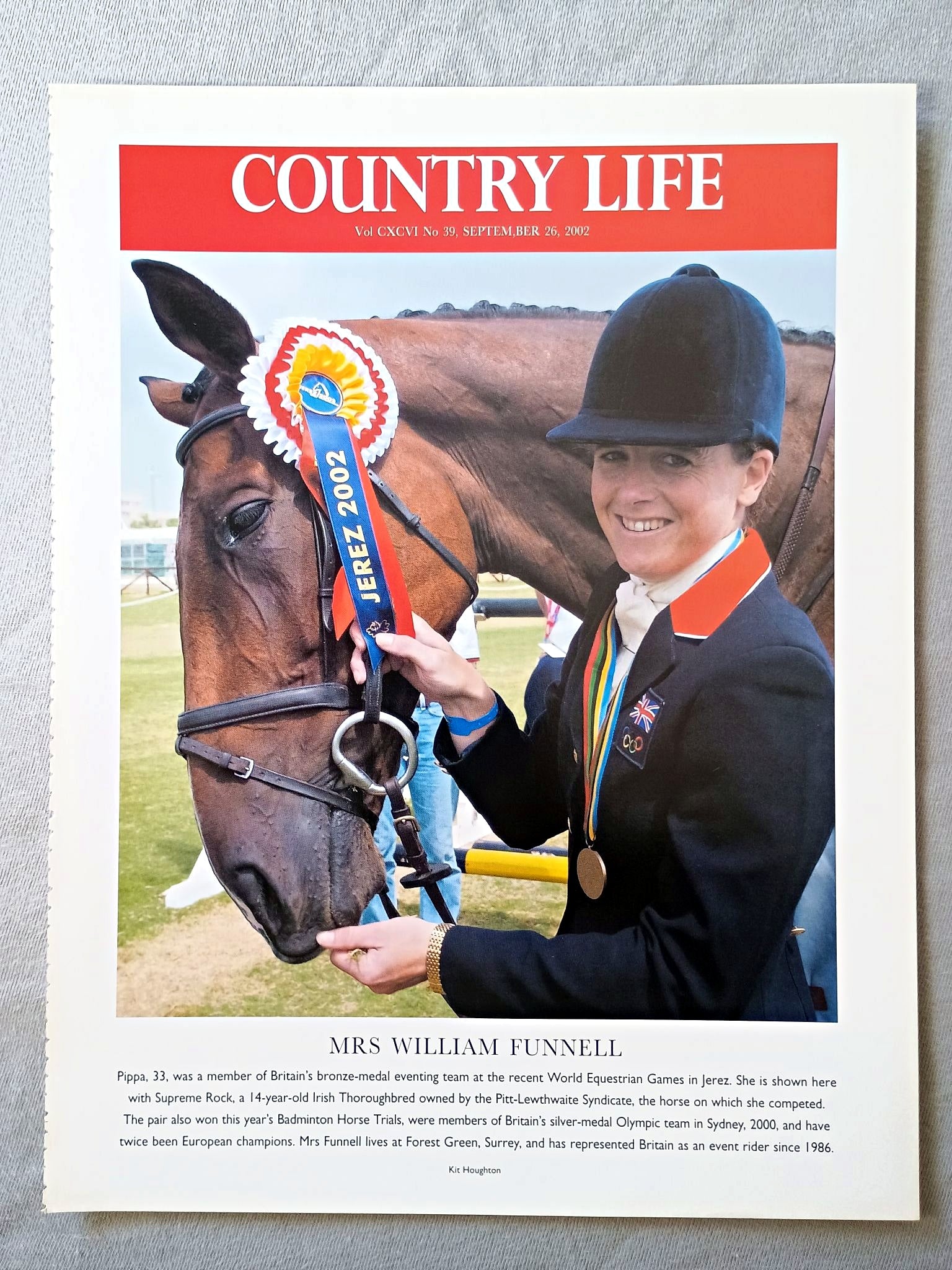 Mrs William Funnell nee Pippa Nolan, 33, was a member of Britain's bronze-medal eventing team at the recent World Equestrian Games in Jerez. She is shown here with Supreme Rock, a 14-year-old Irish Thoroughbred owned by the Pitt-Lewthwaite Syndicate, the horse on which she competed. The pair also won this year's Badminton Horse Trials, were members of Britain's silver-medal Olympic team in Sydney, 2000, and have twice been European champions. Mrs Funnell lives at Forest Green, Surrey, and has represented Br