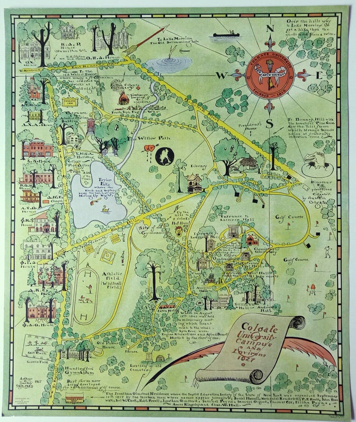 1927 Arthur Suchy Colgate University Campus & Environs Pictorial Map Hamilton NY