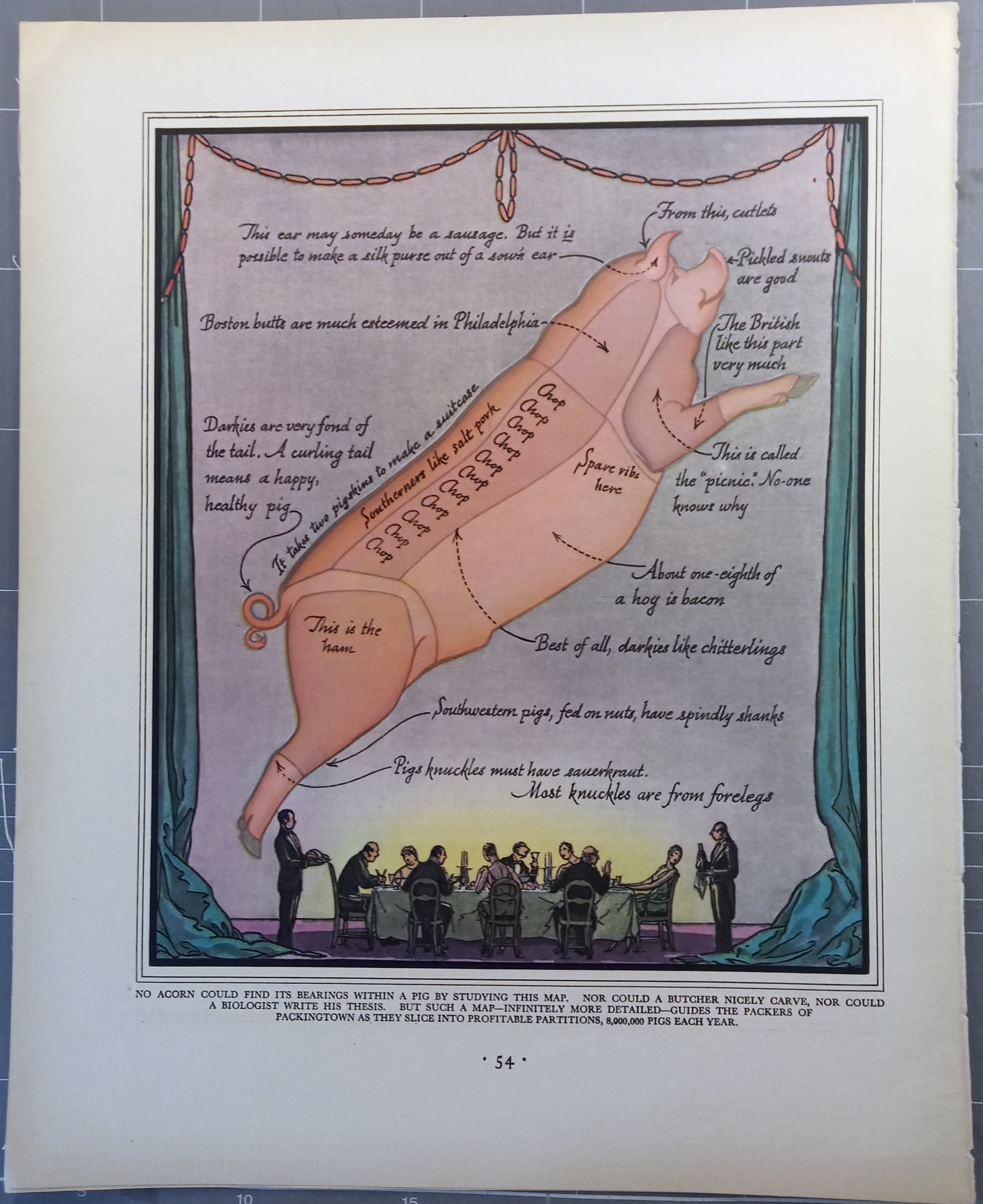 1930 Pig Print Pictorial Butchers Cutting Map