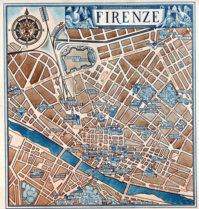 1934 Umberto Zimelli Florence, Firenze, Italy Pictorial Map