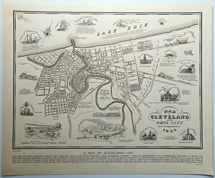 1937 Arthur Suchy Pictorial Map Cleveland Ohio City Incorporated 1836