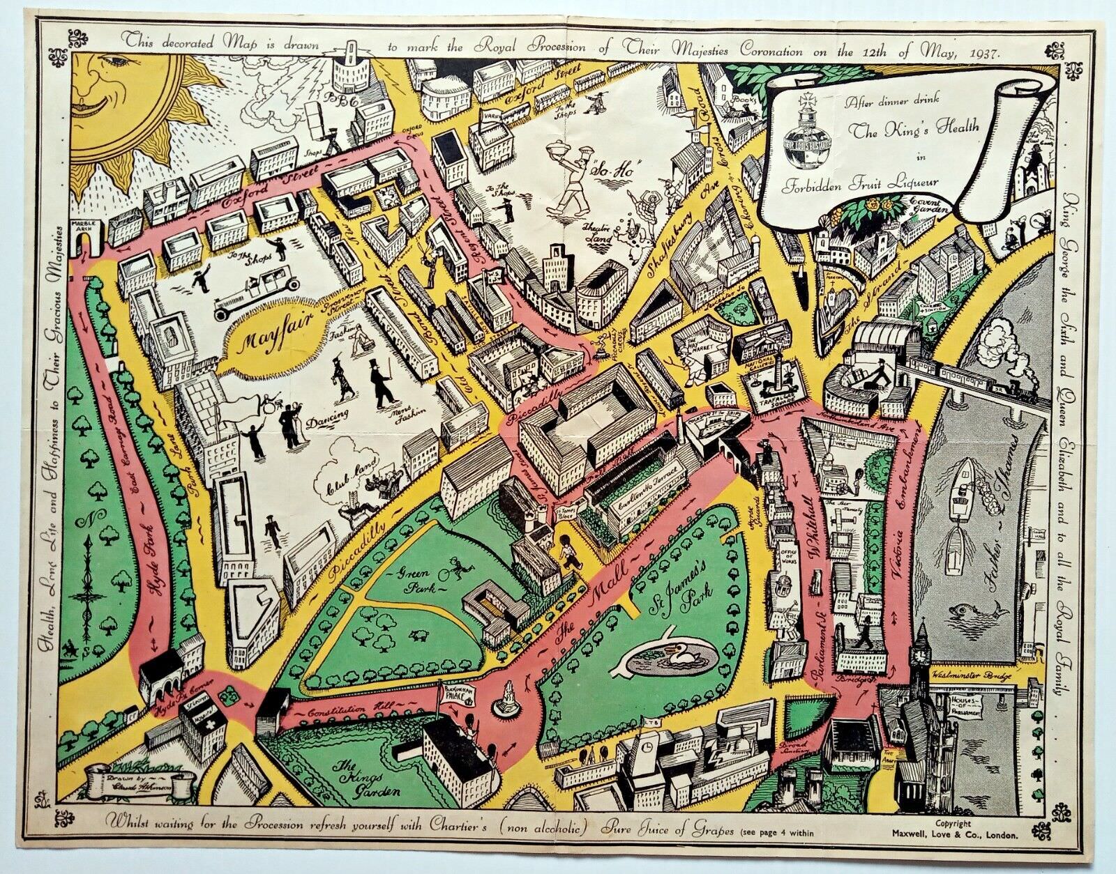 1937 London Pictorial Map by Claude Atkinson, Coronation Route King George 6th