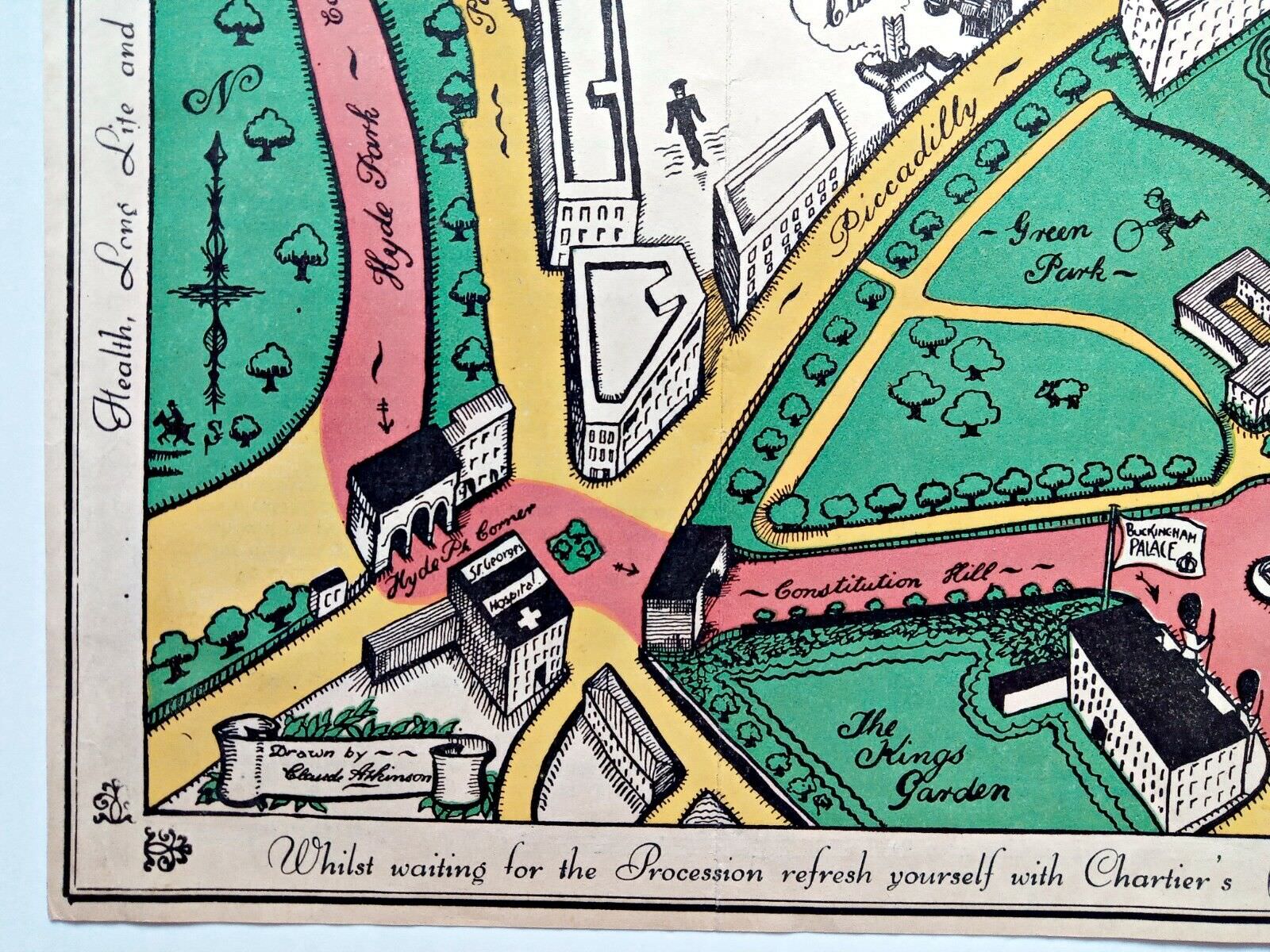 1937 London Pictorial Map by Claude Atkinson, Coronation Route King George 6th