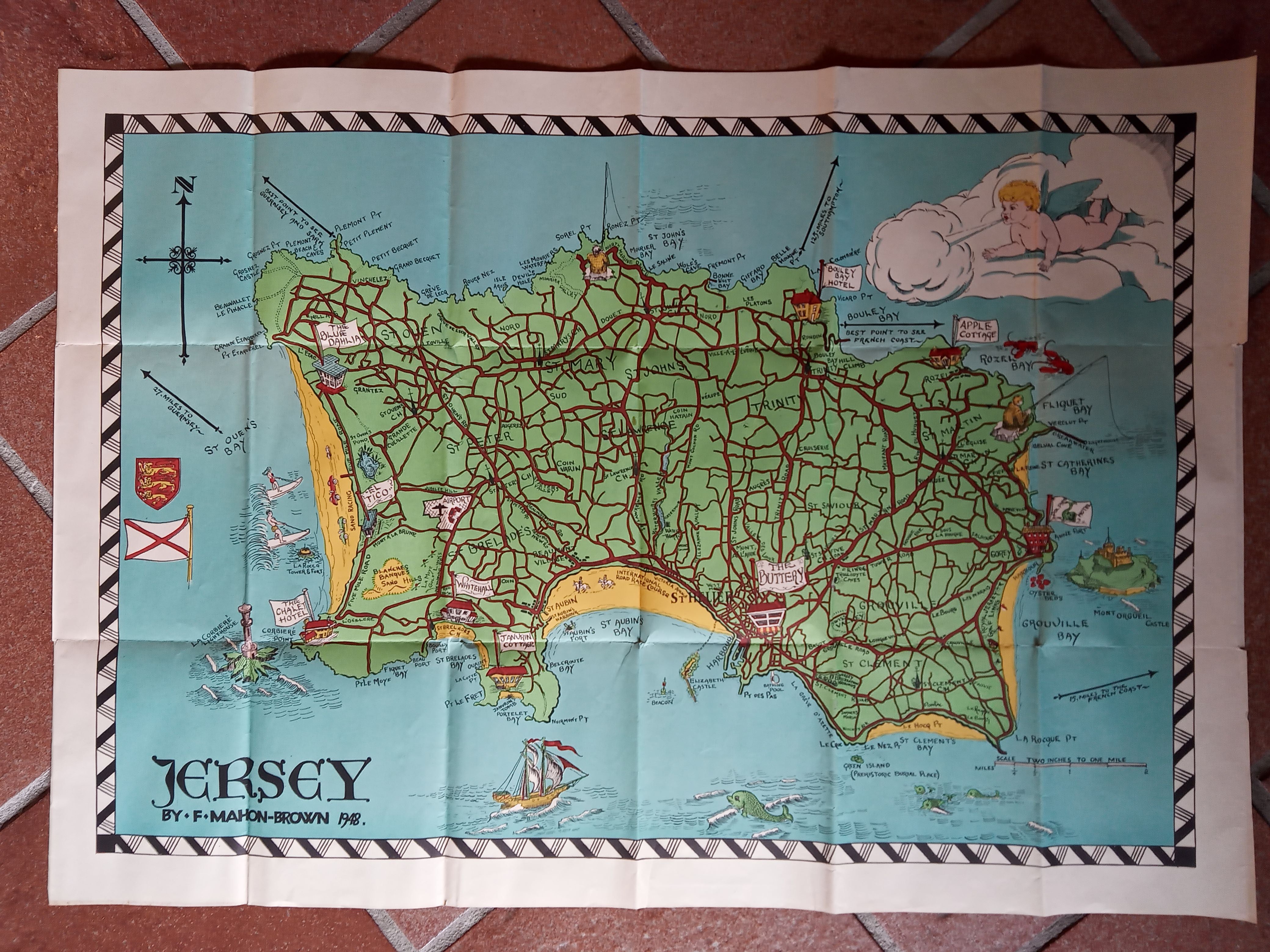 1948-Jersey-Pictorial-Map-F-Mahon-Brown-Channel-Islands-000