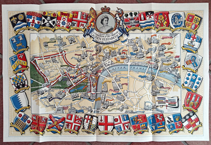 1953 Historic Queen Elizabeth II Royal Coronation Route Pictorial Map London