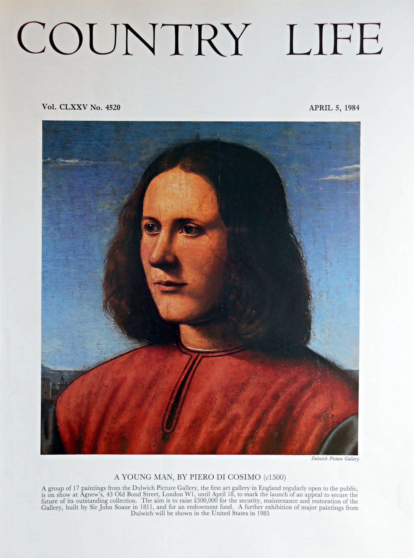 A Young Man, By Piero Di Cosimo Country Life Magazine Portrait April 5, 1984 Vol. CLXXV No. 4520