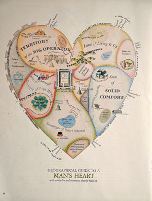 Geographical Guide to a Man's Heart. 1960 Jo Lowry - Heart Shaped Allegorical Pictorial Map
