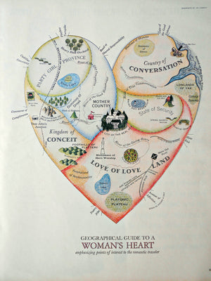 Geographical Guide to a Woman's Heart. 1960 Jo Lowry - Heart Shaped Allegorical Pictorial Map