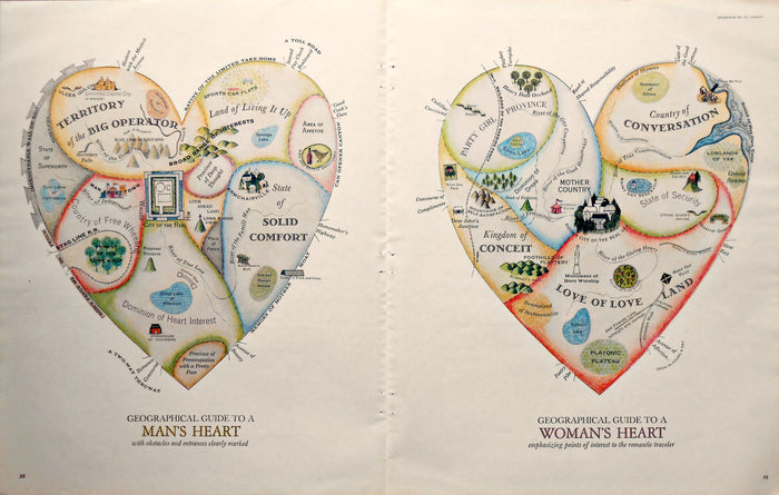 Geographical Guide to a Woman's & Man's Heart. Jo Lowry 1960 - Heart Shaped Allegorical Pictorial Map