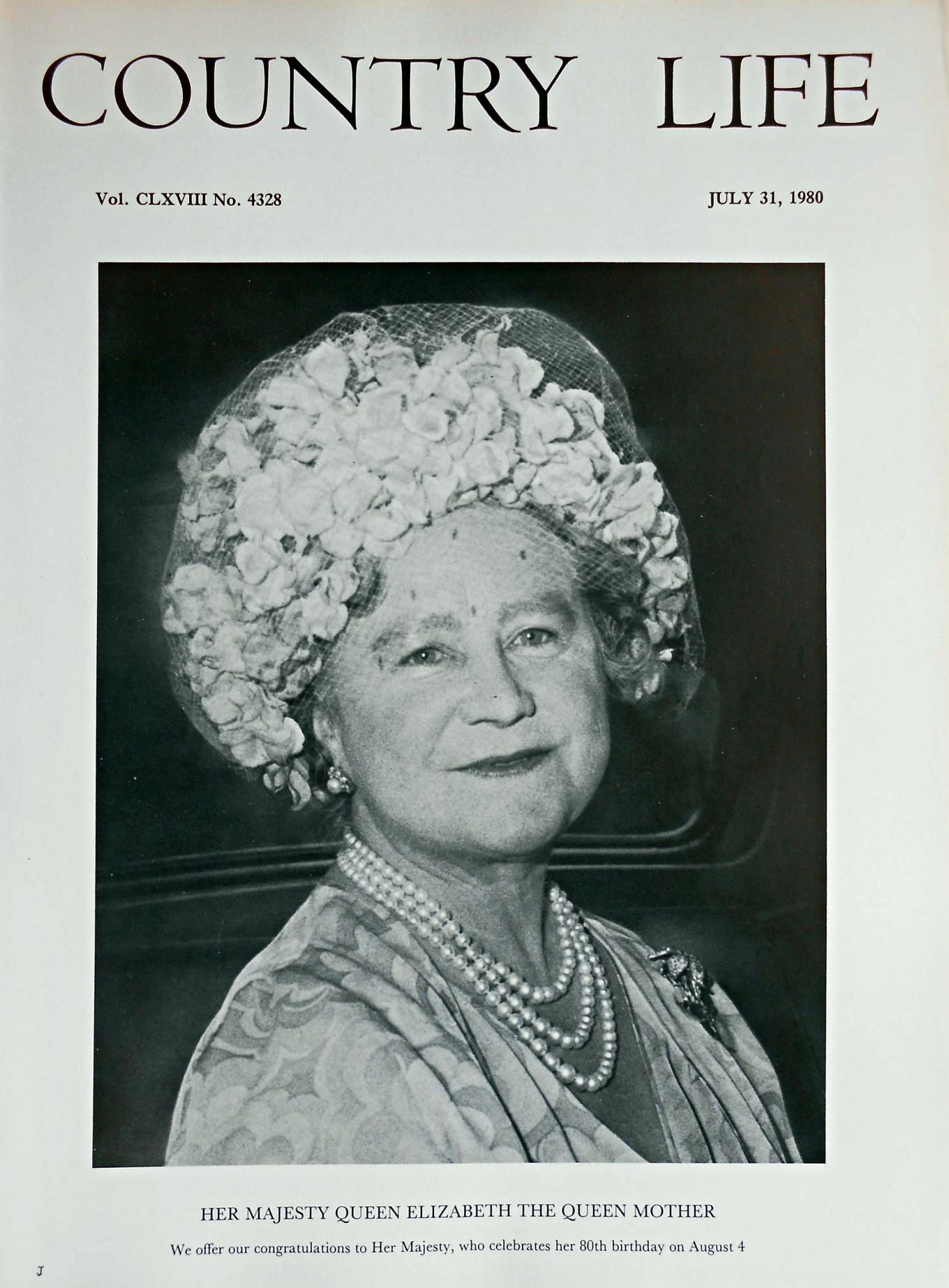 Her Majesty Queen Elizabeth The Queen Mother Country Life Magazine Portrait July 31, 1980 Vol. CLXVIII No. 4328