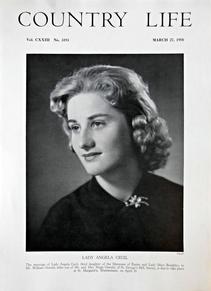 Lady Angela Cecil Country Life Magazine Portrait March 27, 1958 Vol. CXXIII No. 3193