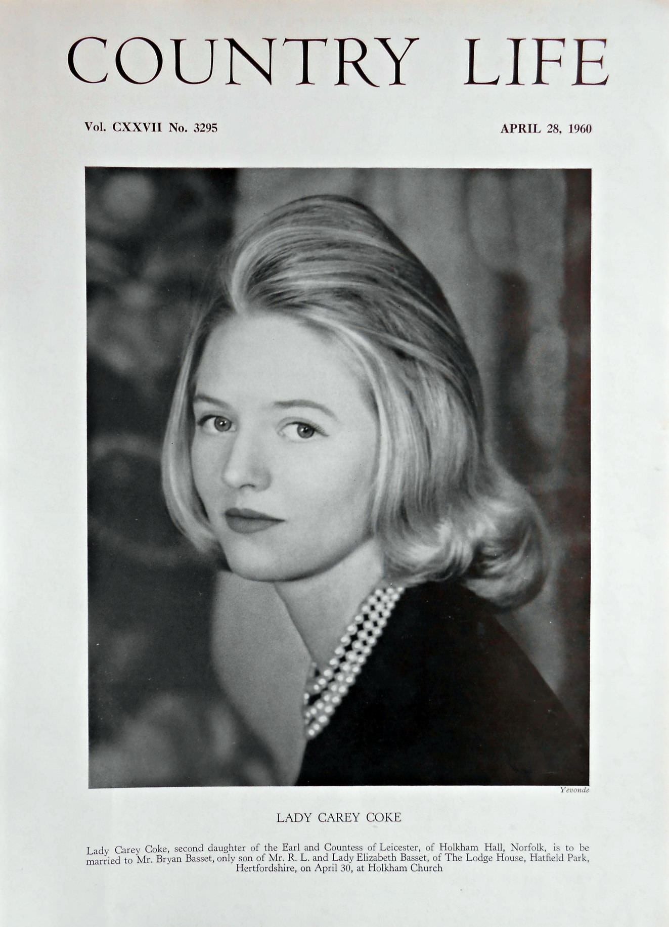 Lady Carey Coke Country Life Magazine Portrait April 28, 1960 Vol. CXXVII No. 3295