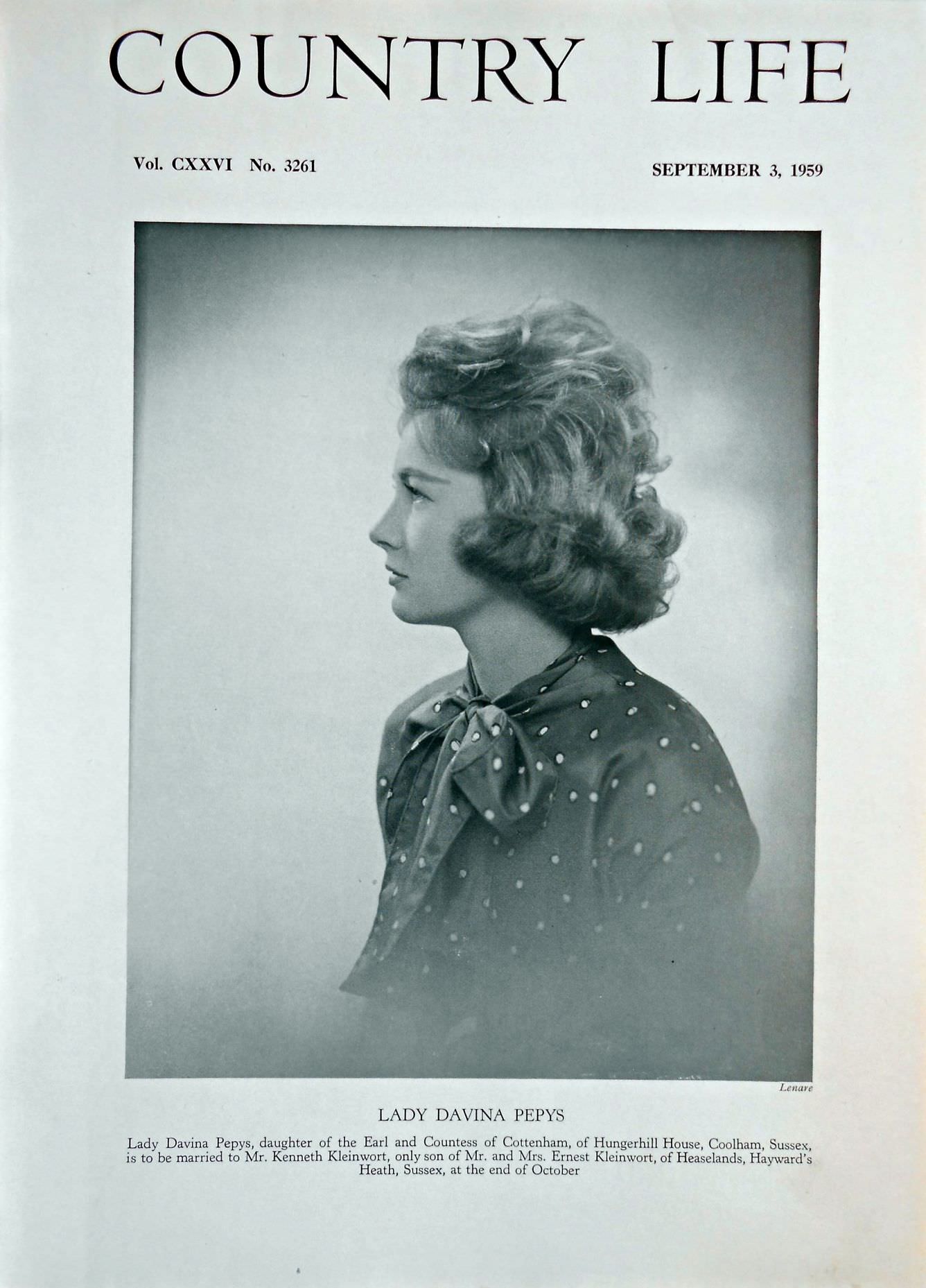 Lady Davina Pepys Country Life Magazine Portrait September 3, 1959 Vol. CXXVI No. 3261