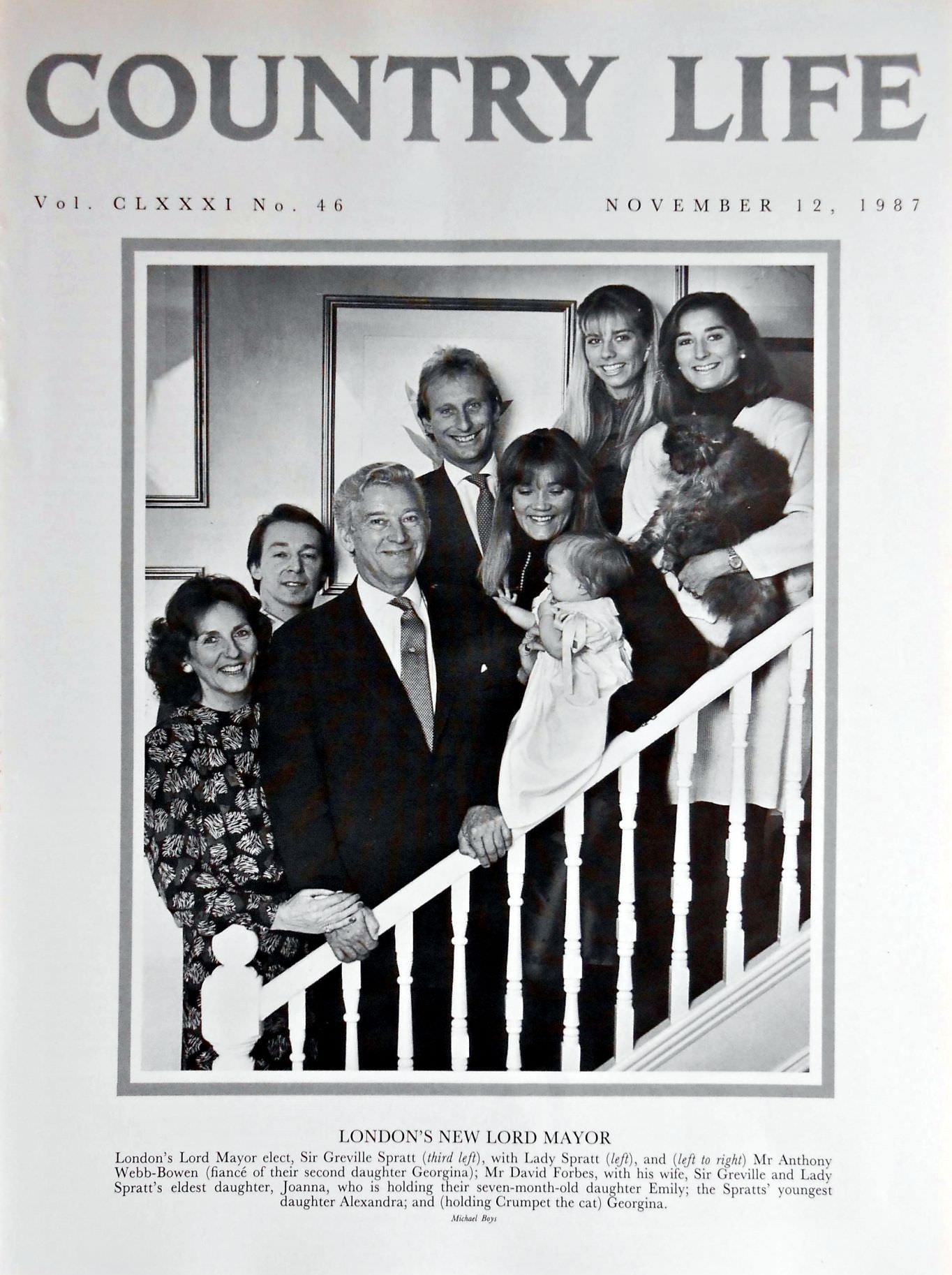 London's Lord Mayor elect, Sir Greville Spratt Country Life Magazine Portrait November 12, 1987 Vol. CLXXXI No. 46