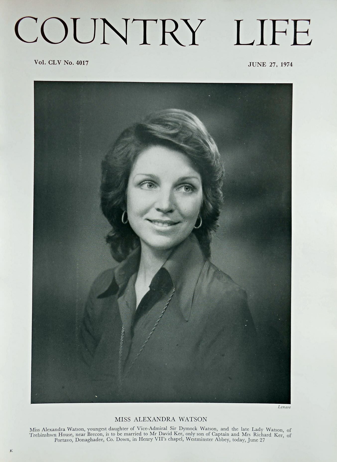 Miss Alexandra Watson Country Life Magazine Portrait June 27, 1974 Vol. CLV No. 4017
