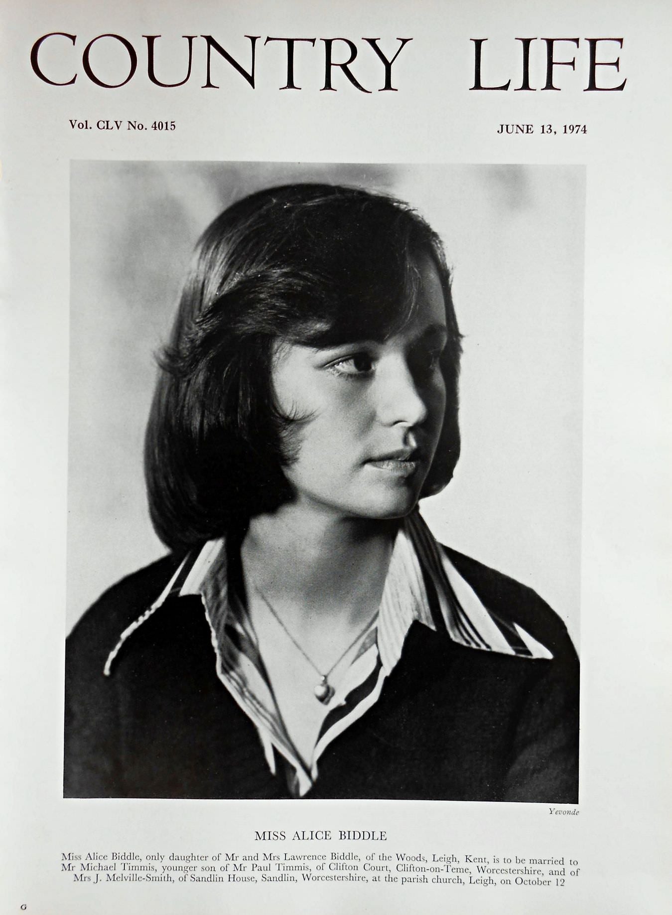 Miss Alice Biddle Country Life Magazine Portrait June 13, 1974 Vol. CL ...