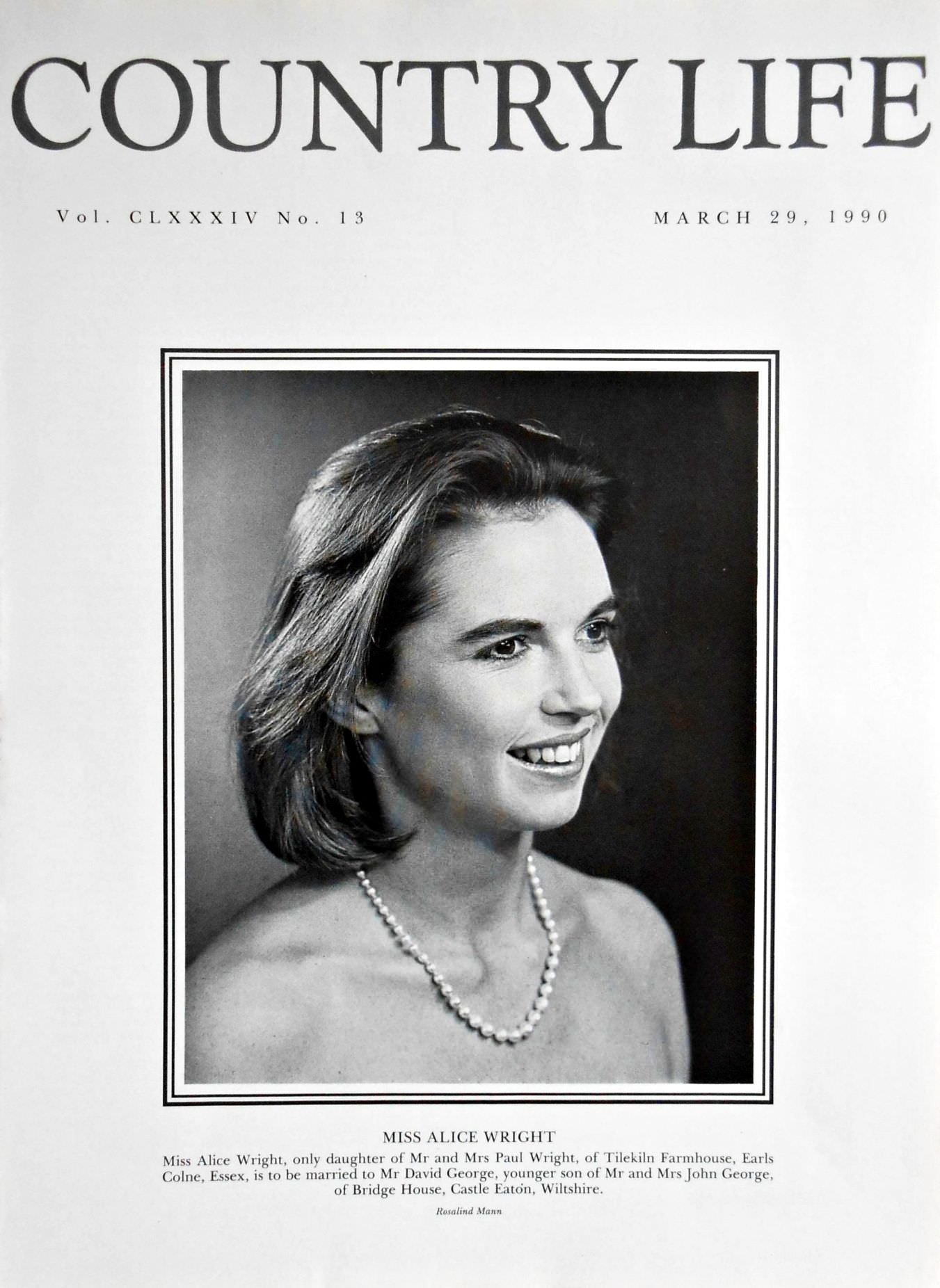 Miss Alice Wright Country Life Magazine Portrait March 29, 1990 Vol. CLXXXIV No. 13