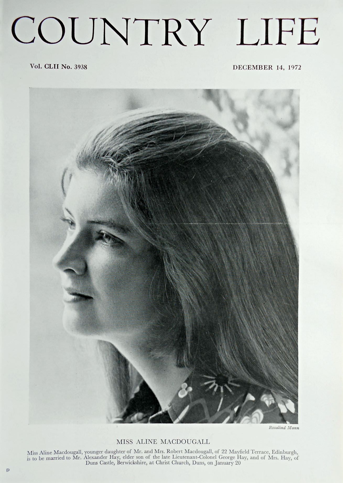 Miss Aline Macdougall Country Life Magazine Portrait December 14, 1972 Vol. CLII No. 3938