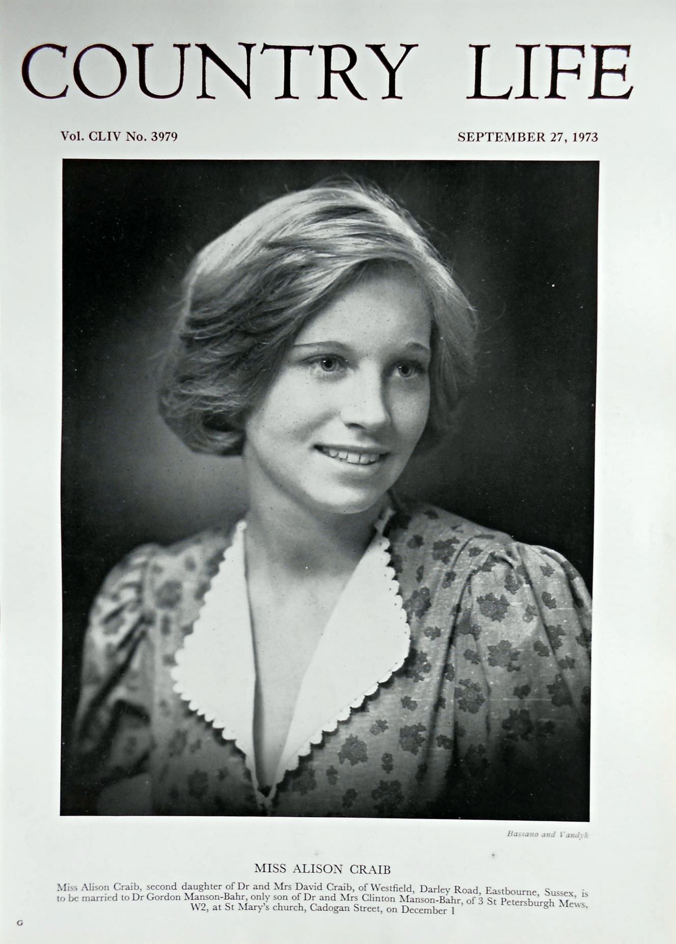 Miss Alison Craib Country Life Magazine Portrait September 27, 1973 Vol. CLIV No. 3979