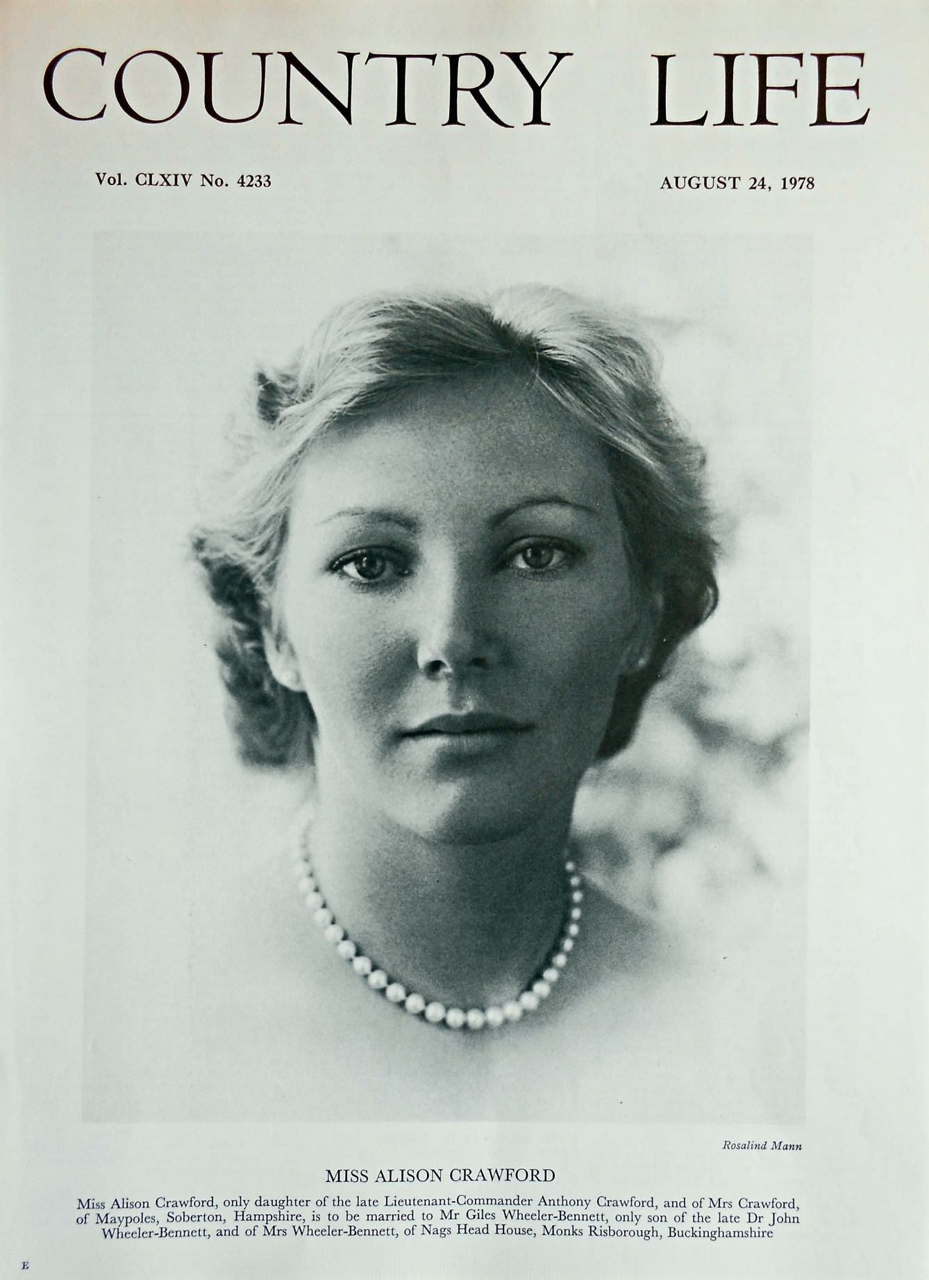 Miss Alison Crawford Country Life Magazine Portrait August 24, 1978 Vol. CLXIV No. 4233