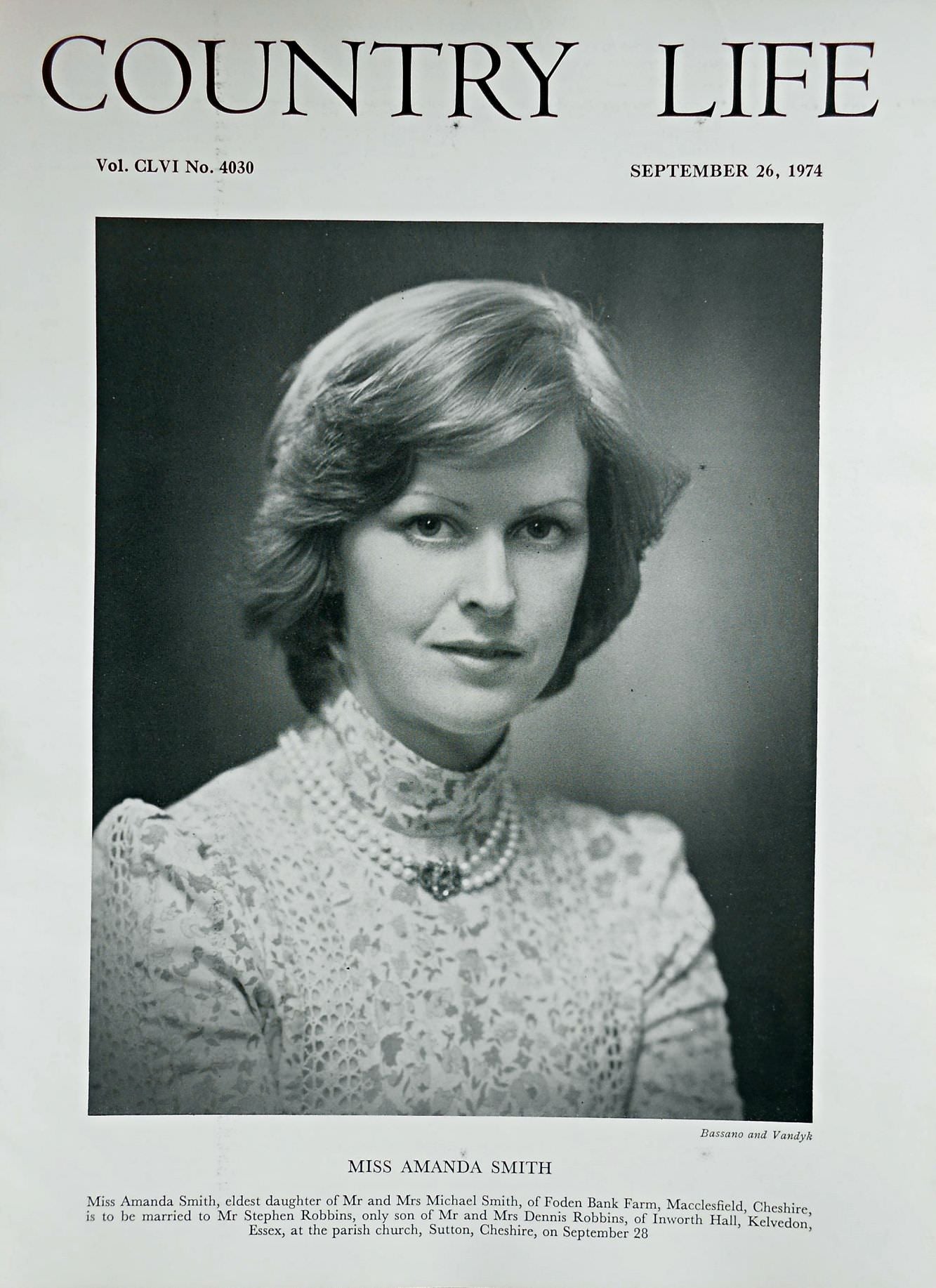 Miss Amanda Smith Country Life Magazine Portrait September 26, 1974 Vol. CLVI No. 4030