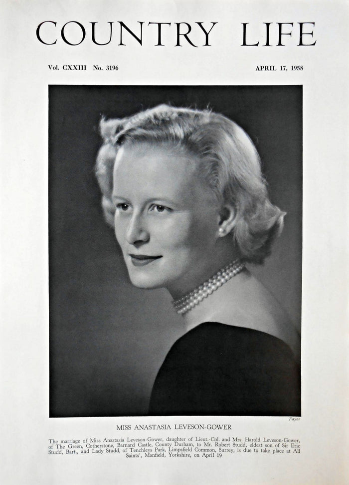 Miss Anastasia Leveson-Gower Country Life Magazine Portrait April 17, 1958 Vol. CXXIII No. 3196