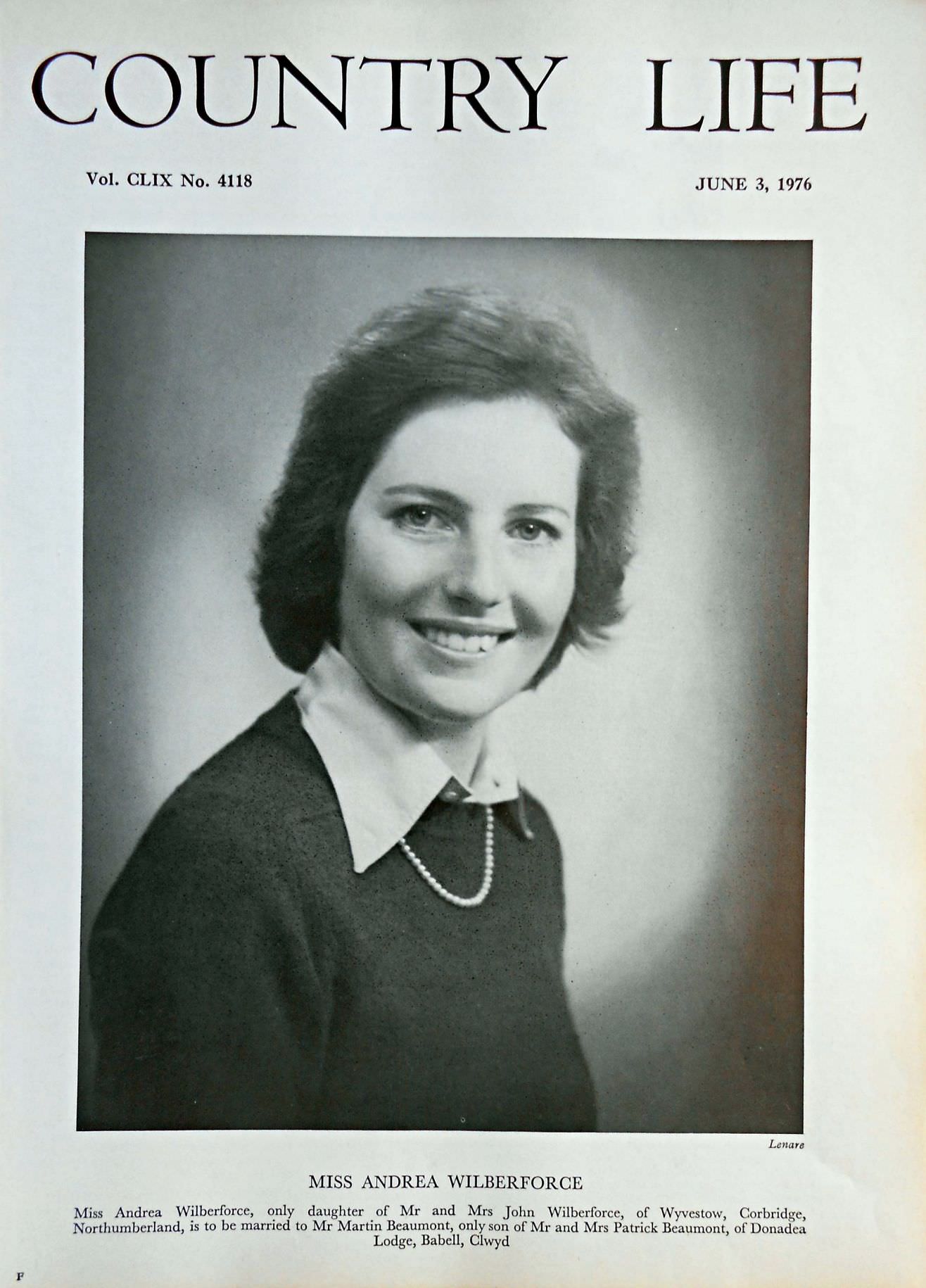Miss Andrea Wilberforce Country Life Magazine Portrait June 3, 1976 Vol. CLIX No. 4118