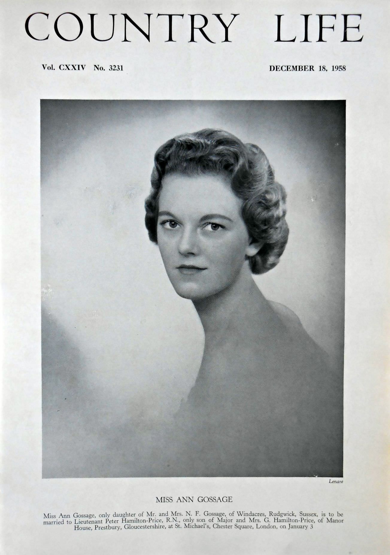 Miss Ann Gossage Country Life Magazine Portrait December 18, 1958 Vol. CXXIV No. 3231