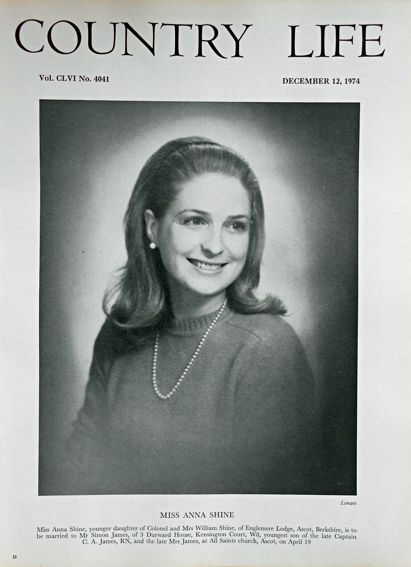 Miss Anna Shine Country Life Magazine Portrait December 12, 1974 Vol. CLVI No. 4041 - Copy