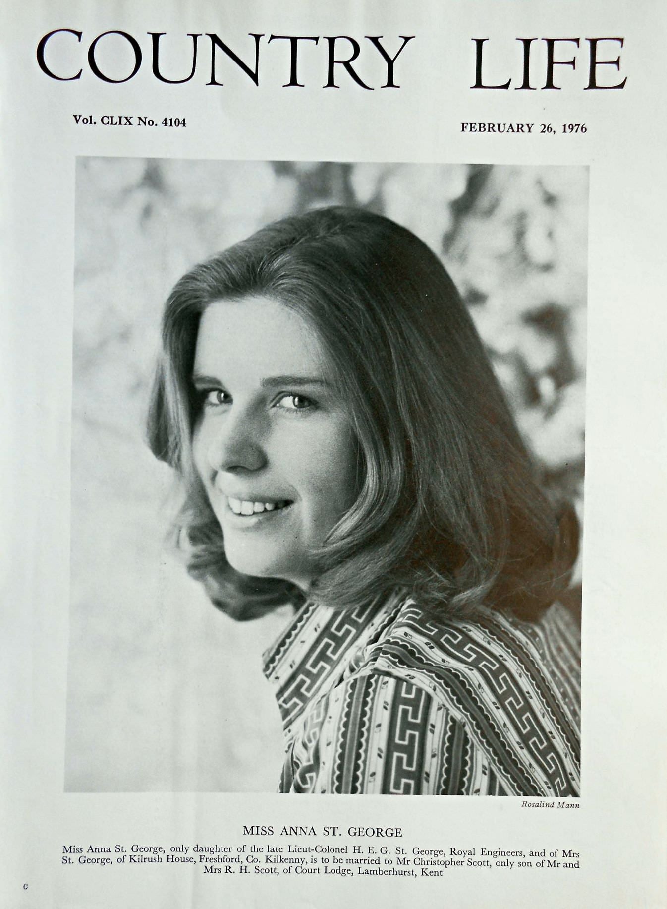 Miss Anna St. George Country Life Magazine Portrait February 26, 1976 Vol. CLIX No. 4104