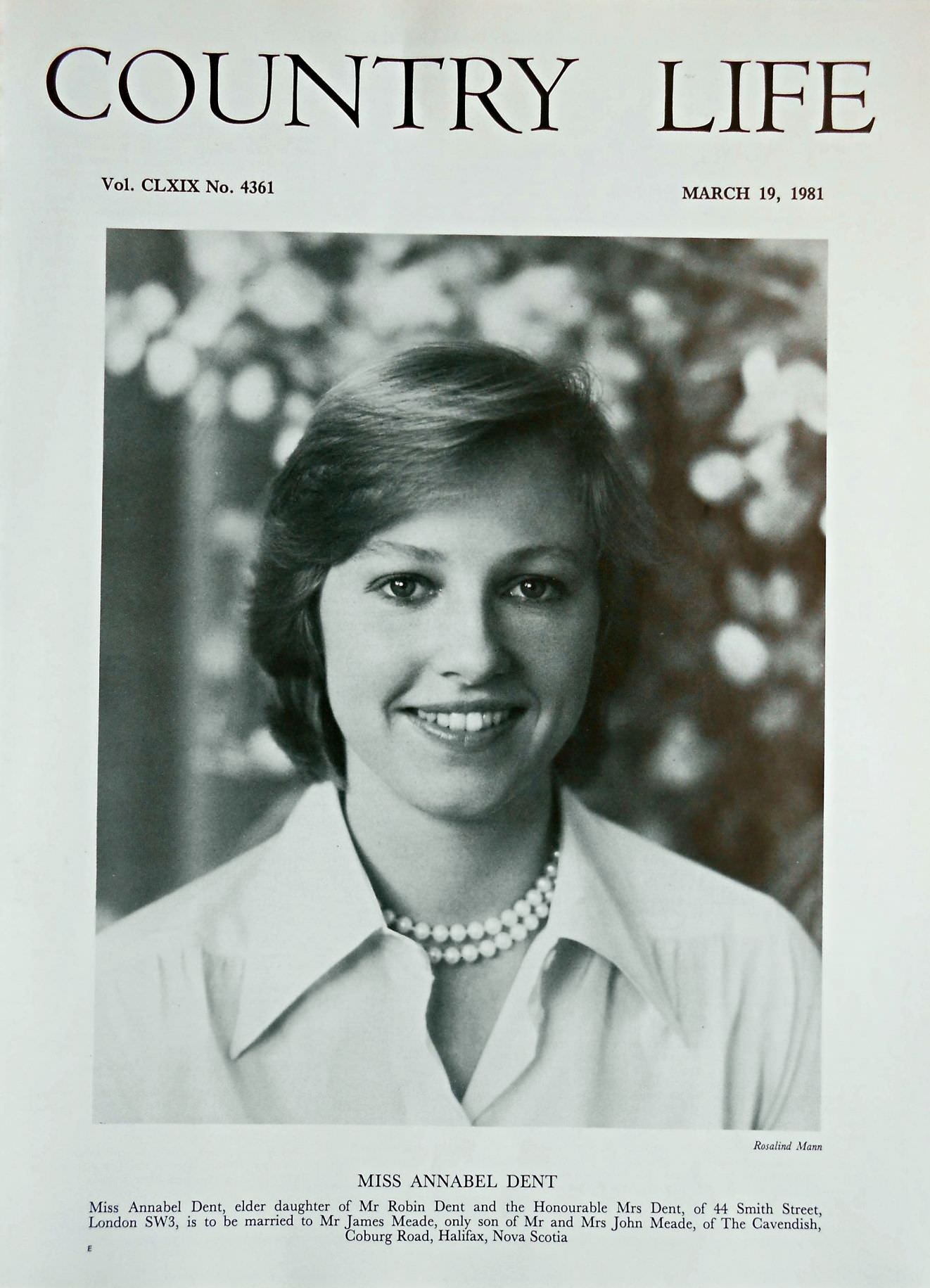 Miss Annabel Dent Country Life Magazine Portrait March 19, 1981 Vol. CLXIX No. 4361