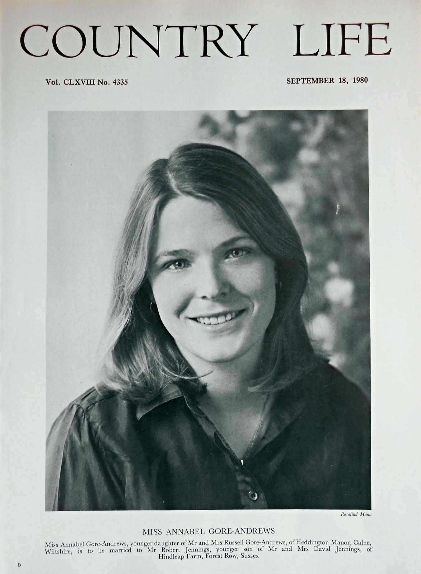 Miss Annabel Gore-Andrews Country Life Magazine Portrait September 18, 1980 Vol. CLXVIII No. 4335