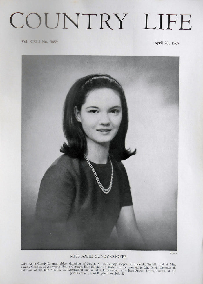 Miss Anne Cundy-Cooper Country Life Magazine Portrait April 20, 1967 Vol. CXLI No. 3659
