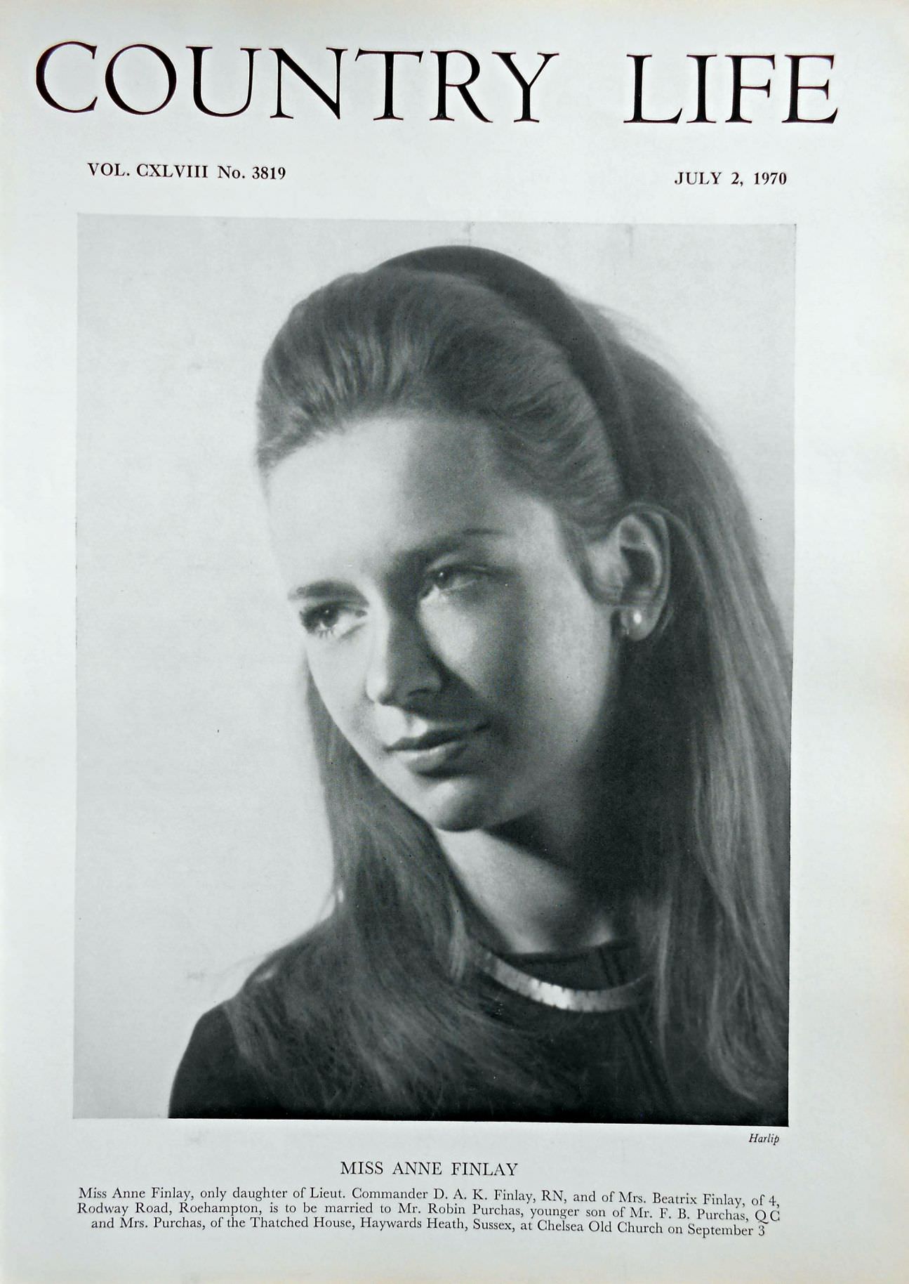 Miss Anne Finlay Country Life Magazine Portrait July 2, 1970 Vol. CXLVIII No. 3819