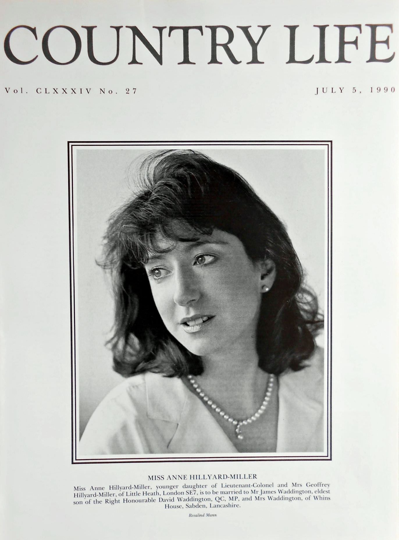 Miss Anne Hillyard-Miller Country Life Magazine Portrait July 5, 1990 Vol. CLXXXIV No. 27