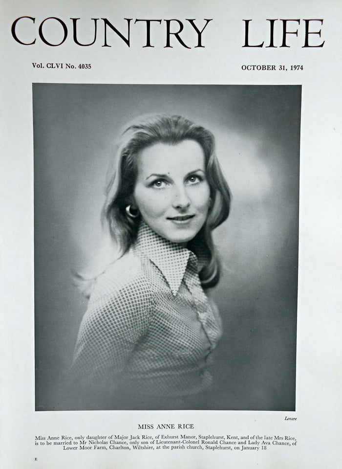 Miss Anne Rice Country Life Magazine Portrait October 31, 1974 Vol. CLVI No. 4035