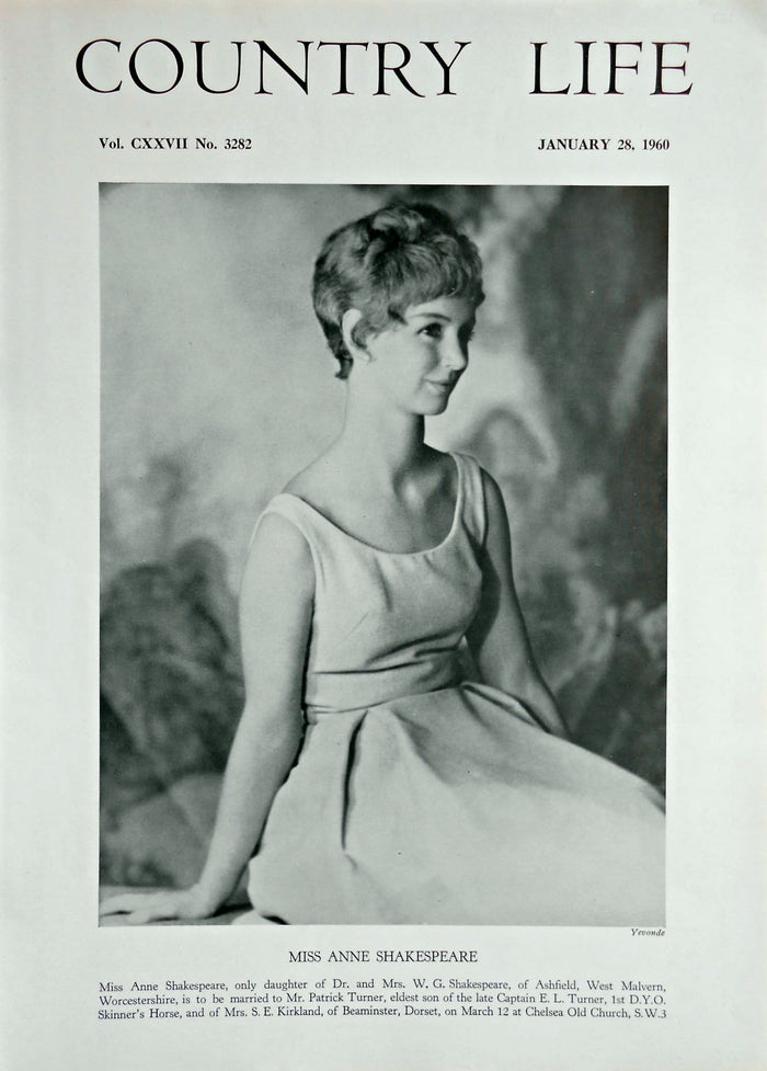 Miss Anne Shakespeare Country Life Magazine Portrait January 28, 1960 Vol. CXXVII No. 3282