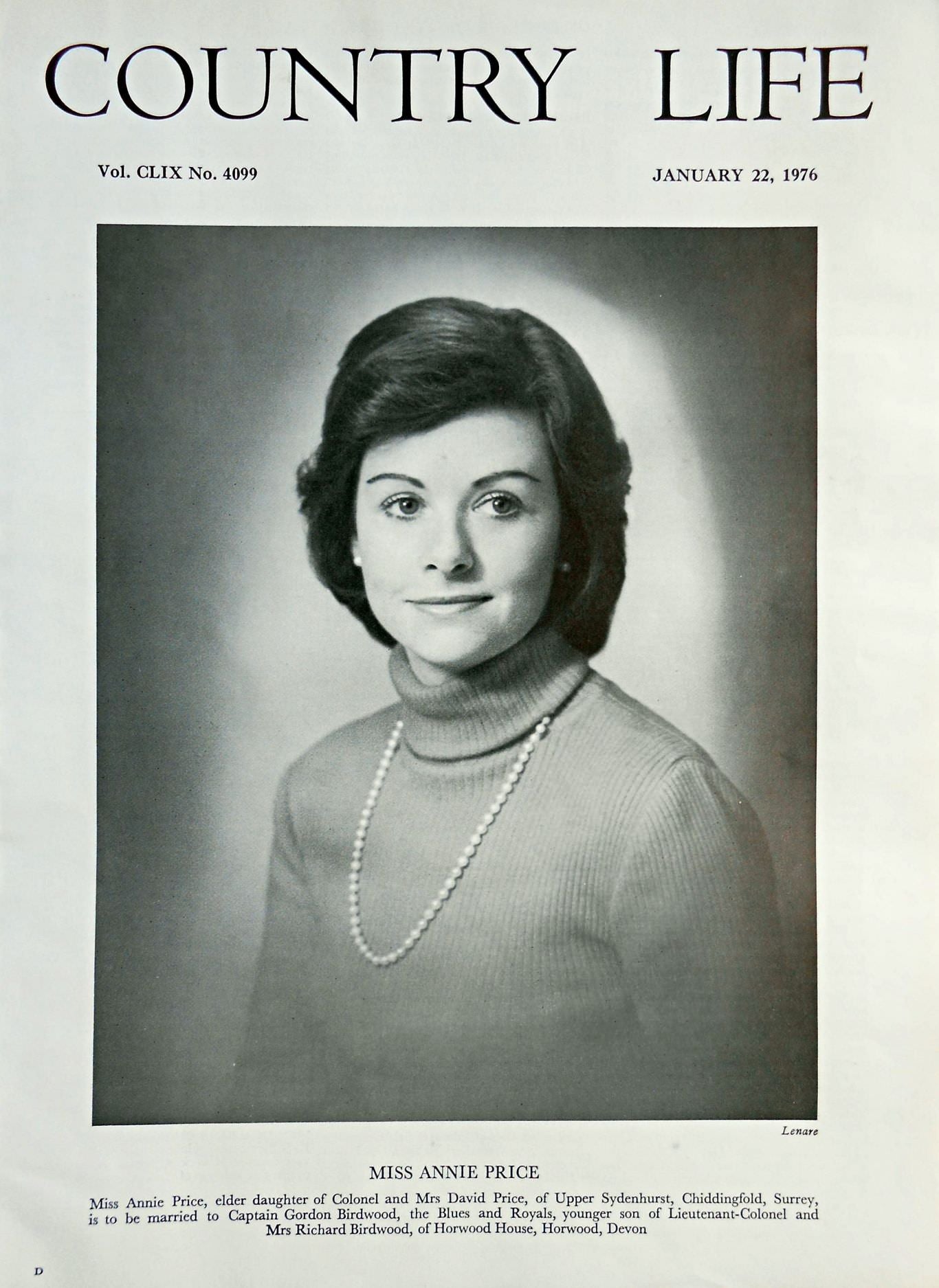 Miss Annie Price Country Life Magazine Portrait January 22, 1976 Vol. CLIX No. 4099