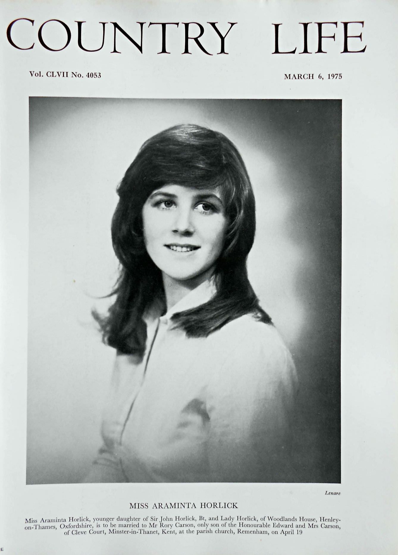 Miss Araminta Horlick Country Life Magazine Portrait March 6, 1975 Vol. CLVII No. 4053