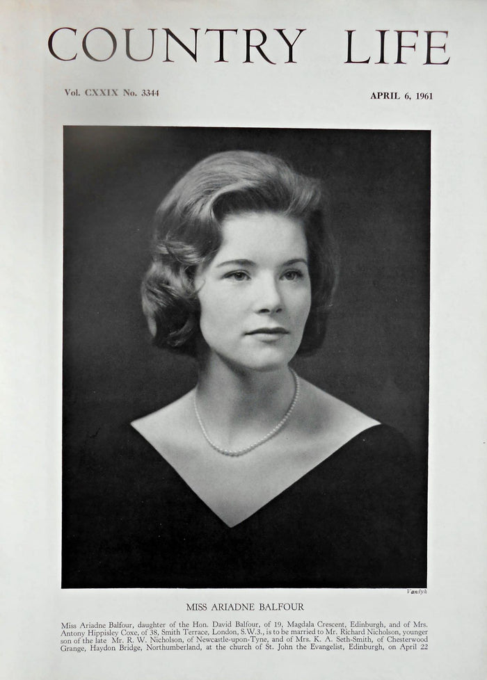 Miss Ariadne Balfour Country Life Magazine Portrait April 6, 1961 Vol. CXXIX No. 3344
