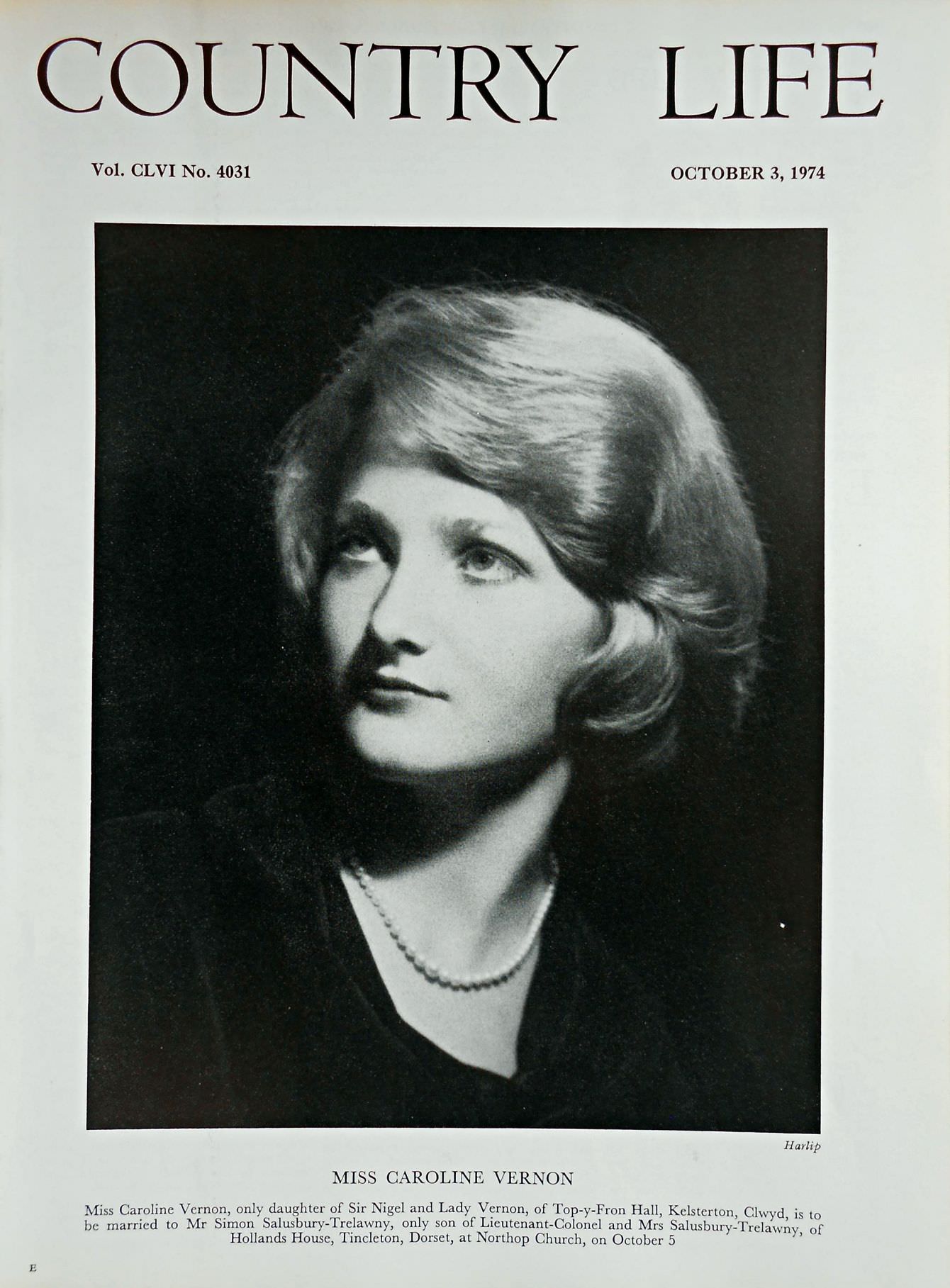 Miss Caroline Vernon Country Life Magazine Portrait October 3, 1974 Vol. CLVI No. 4031 - Copy