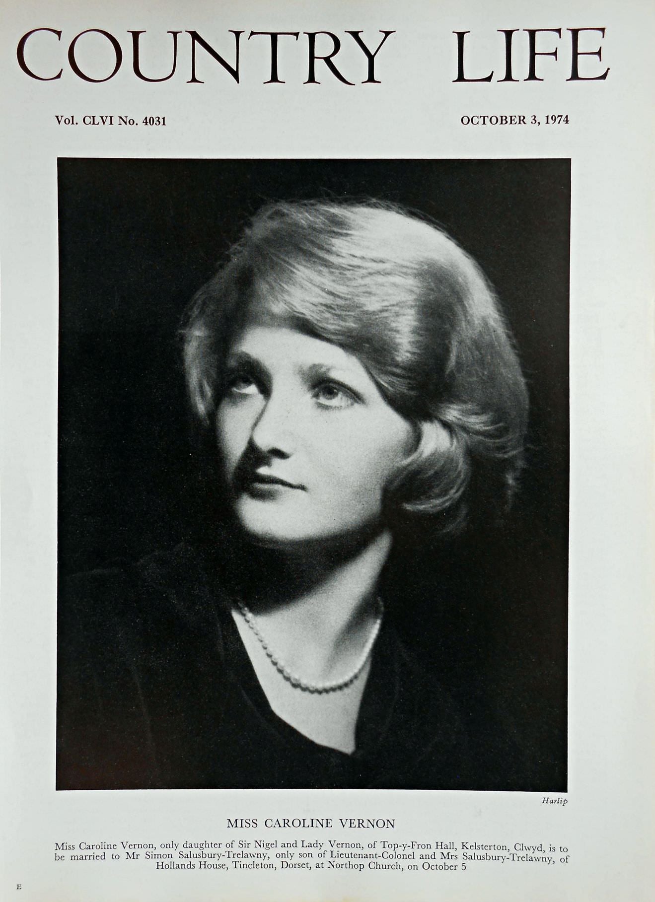 Miss Caroline Vernon Country Life Magazine Portrait October 3, 1974 Vol. CLVI No. 4031