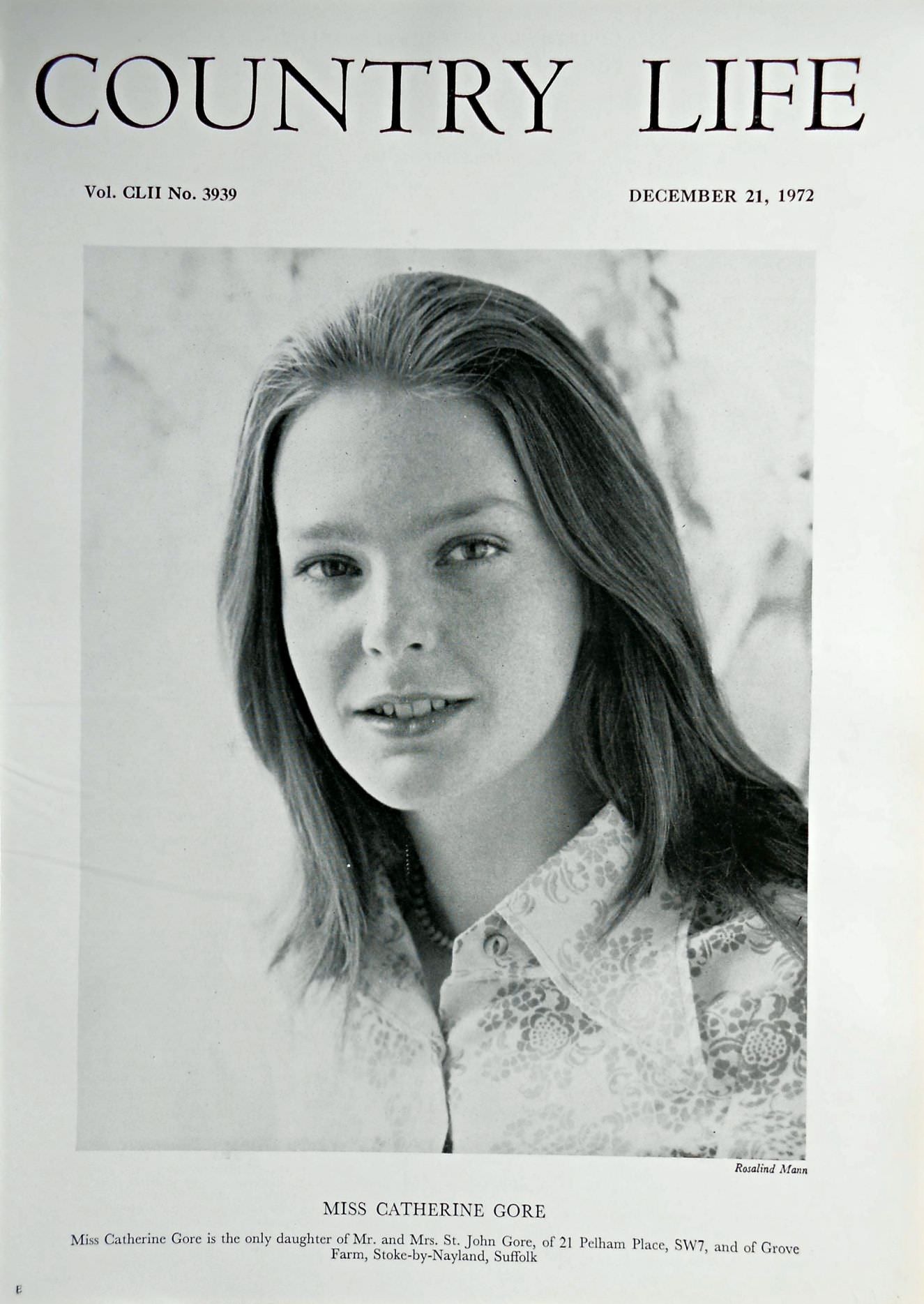 Miss Catherine Gore Country Life Magazine Portrait December 21, 1972 Vol. CLII No. 3939