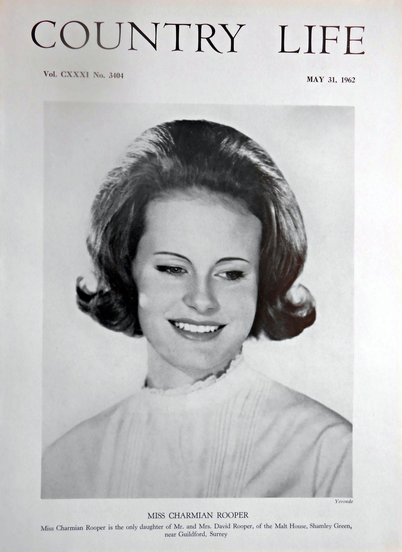 Miss Charmian Rooper Country Life Magazine Portrait May 31, 1962 Vol. CXXXI No. 3404