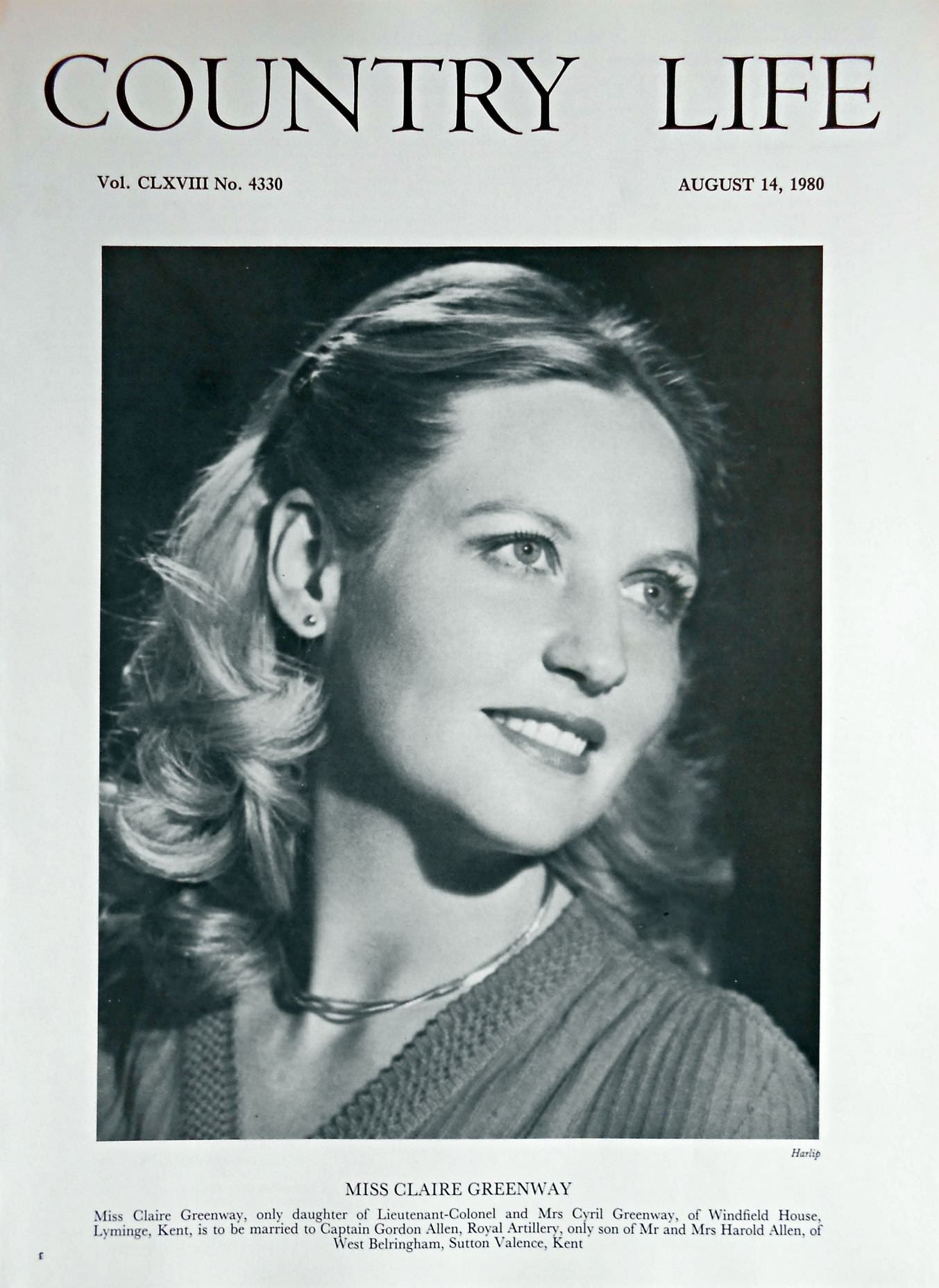 Miss Claire Greenway Country Life Magazine Portrait August 14, 1980 Vol. CLXVIII No. 4330