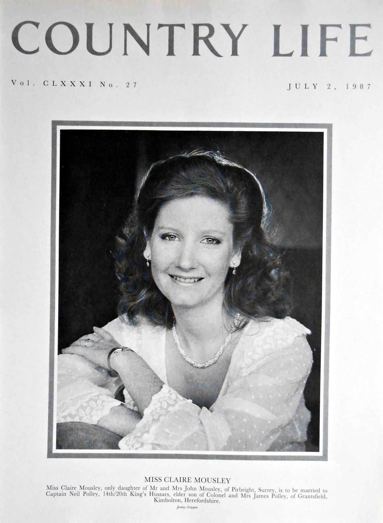Miss Claire Mousley Country Life Magazine Portrait July 2, 1987 Vol. CLXXXI No. 27