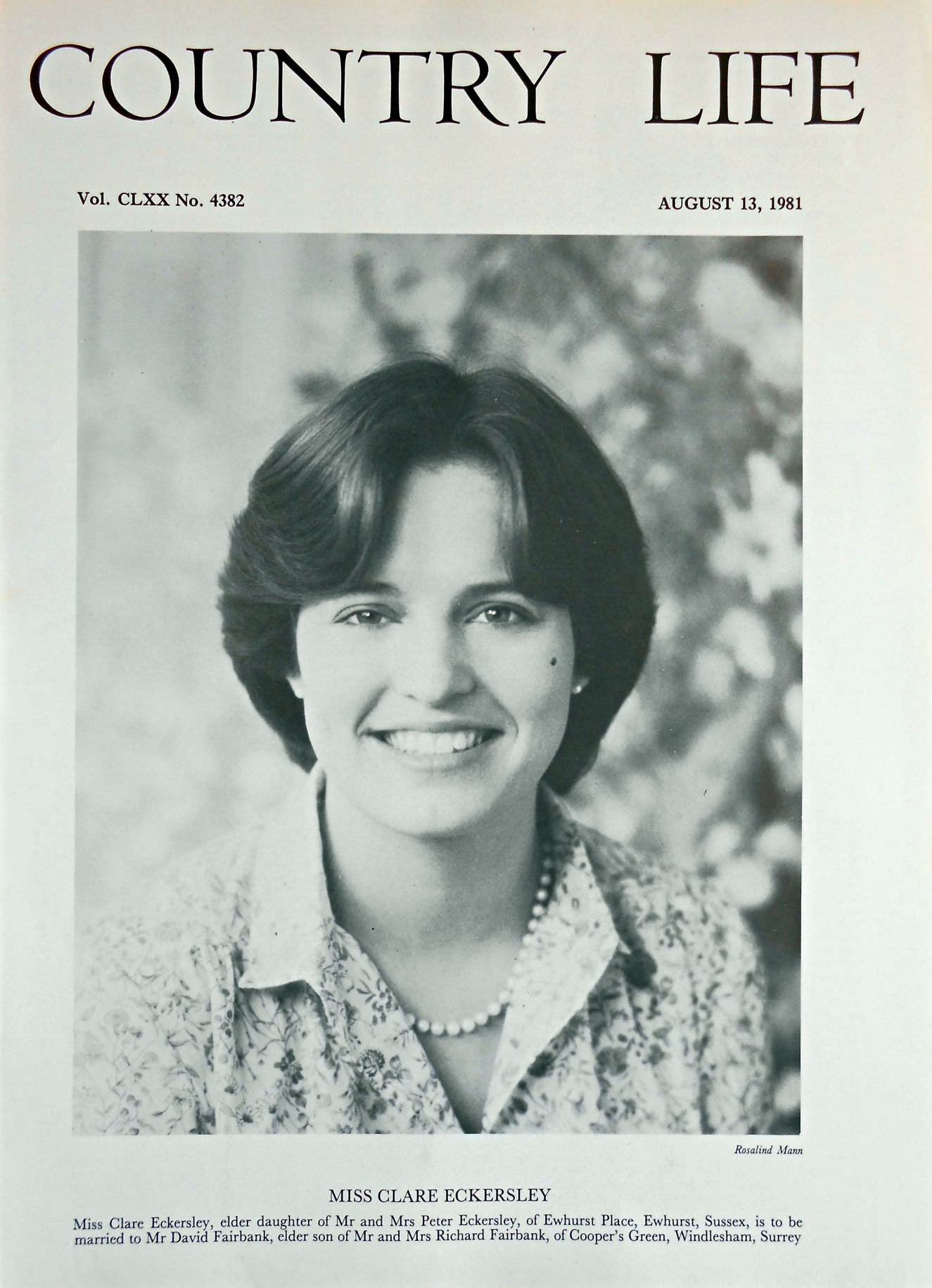 Miss Clare Eckersley Country Life Magazine Portrait August 13, 1981 Vol. CLXX No. 4382