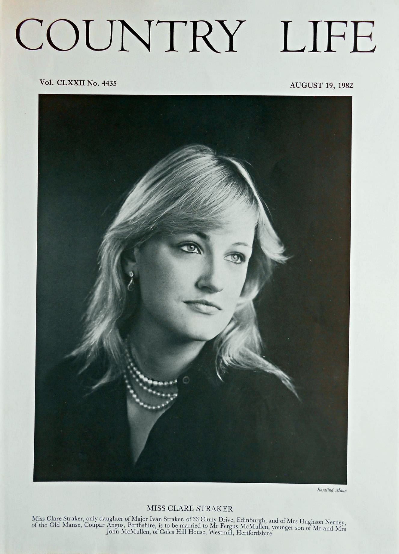 Miss Clare Straker Country Life Magazine Portrait August 19, 1982 Vol. CLXXII No. 4435