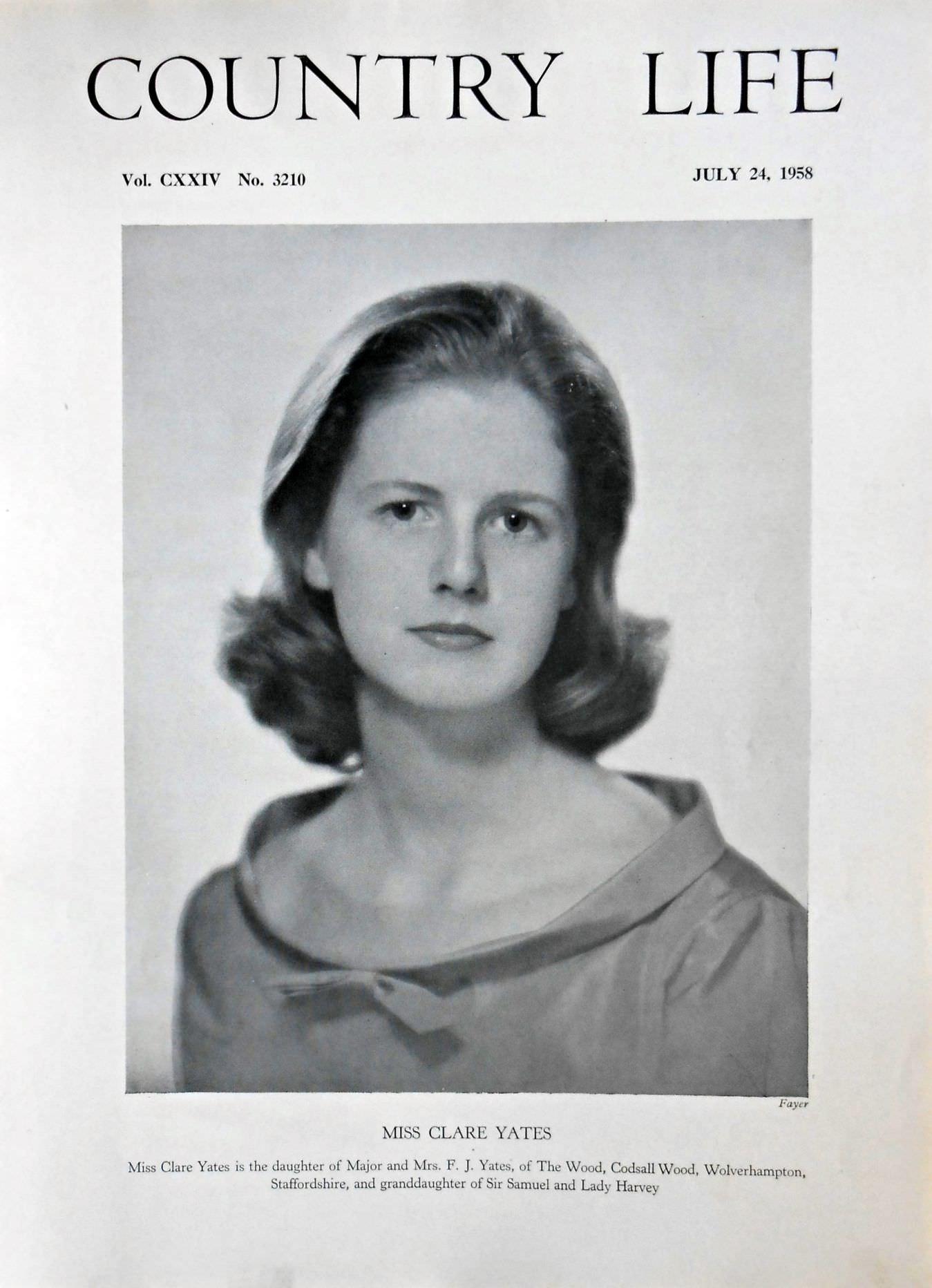 Miss Clare Yates Country Life Magazine Portrait July 24, 1958 Vol. CXXIV No. 3210